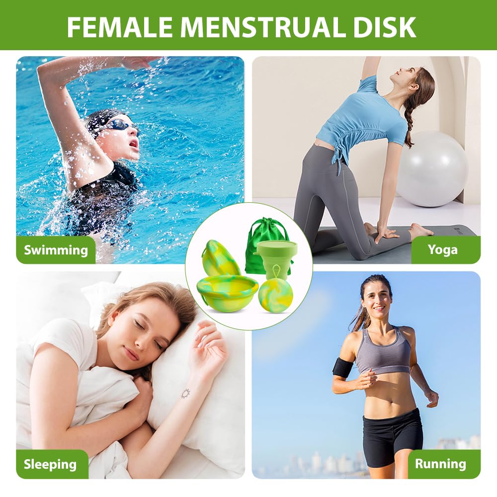 Juego de disco menstrual con 2 discos periodales de tamaño S+L, esterilizador y bolsa de almacenamiento, disco menstrual reutilizable para mujeres activas, deportes, natación, intimidad, verde