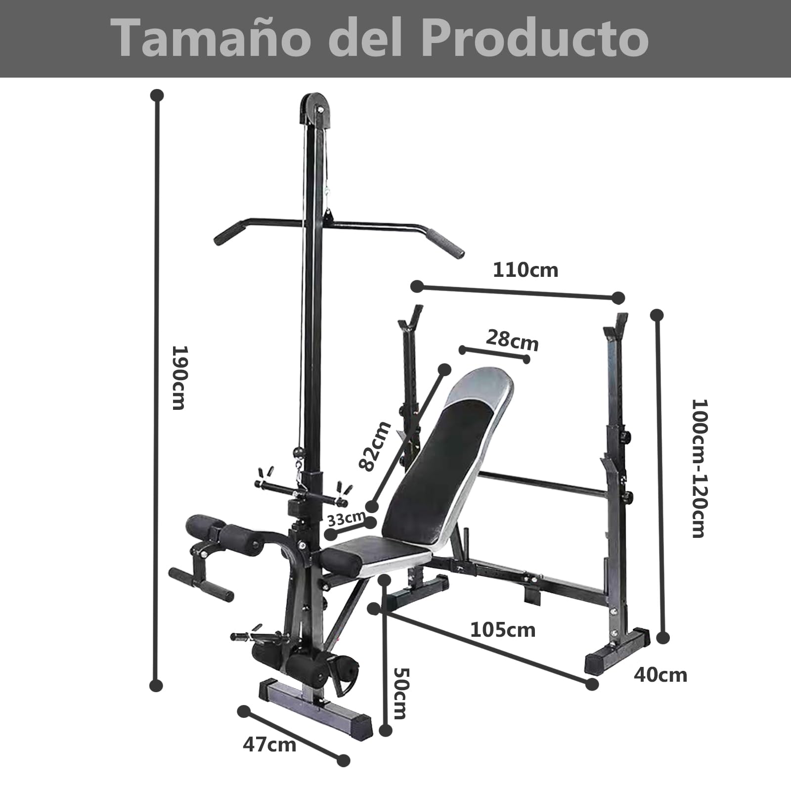 Banco Musculación Multifuncional,Banco Press Banca Polea Gimnasio Casa,Maquina Multifuncion Musculacion,Max 300 kg(Banco Multifuncional con Barra Alta y Soporte para Mancuernas)