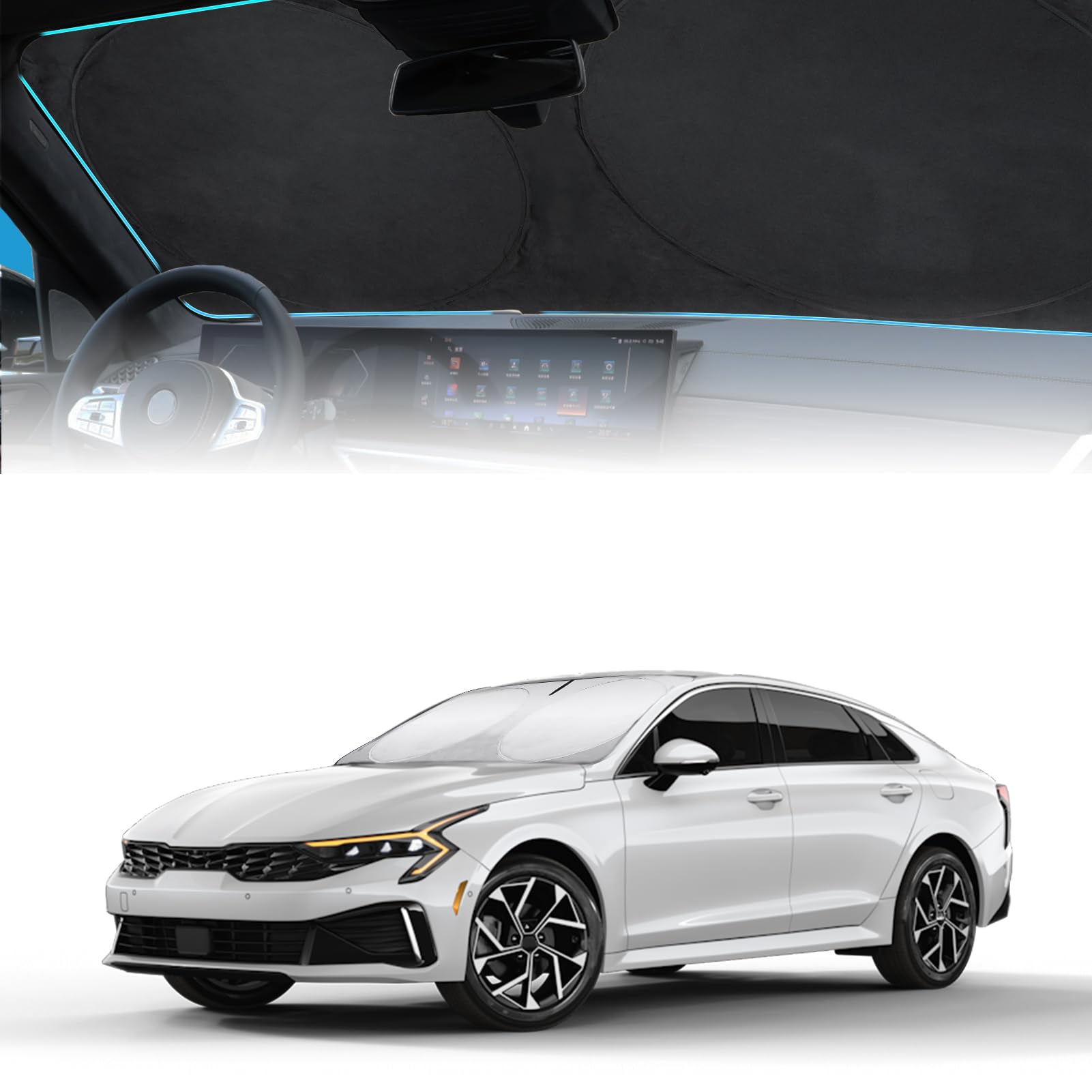 Sunshade Windshield Sun Shade for Kia K5 2021-2026 K900 Stinger Accessories, Custom Fit KIA Stinger 2017 2018-2022 2023 Front Window Foldable Sun Visor Protector Retractable UV Reflector Blocks UV Ray