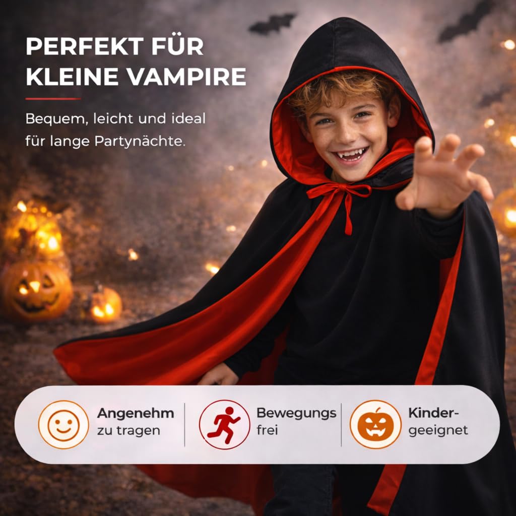 Peleryna z kapturem do kostiumu wampira, dla dzieci i dorosłych, na Halloween, bal przebierańców, karnawał, dwustronna