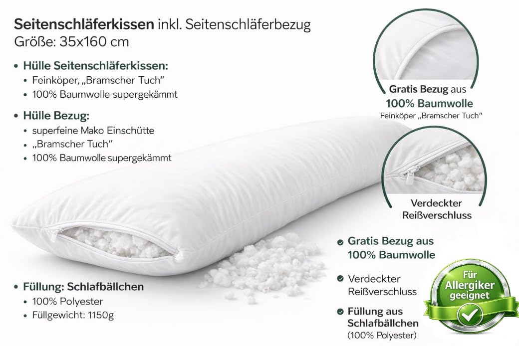 Künsemüller Seitenschläferkissen Schwangerschaftskissen Stillkisssen inkl. gratis Bezug, 35x160 cm, Gleichmäßige Stützwirkung, erholsamer Schlaf in jeder Lebensphase