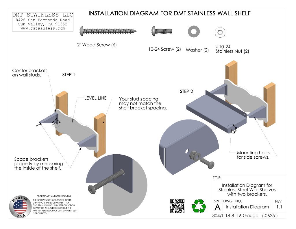 DMT Estantería Inoxidable de Pared para Almacenaje, 24'' x 8'' de Profundidad, Fabricado en EE. UU. 304 de Calibre 16L Acero Inoxidable