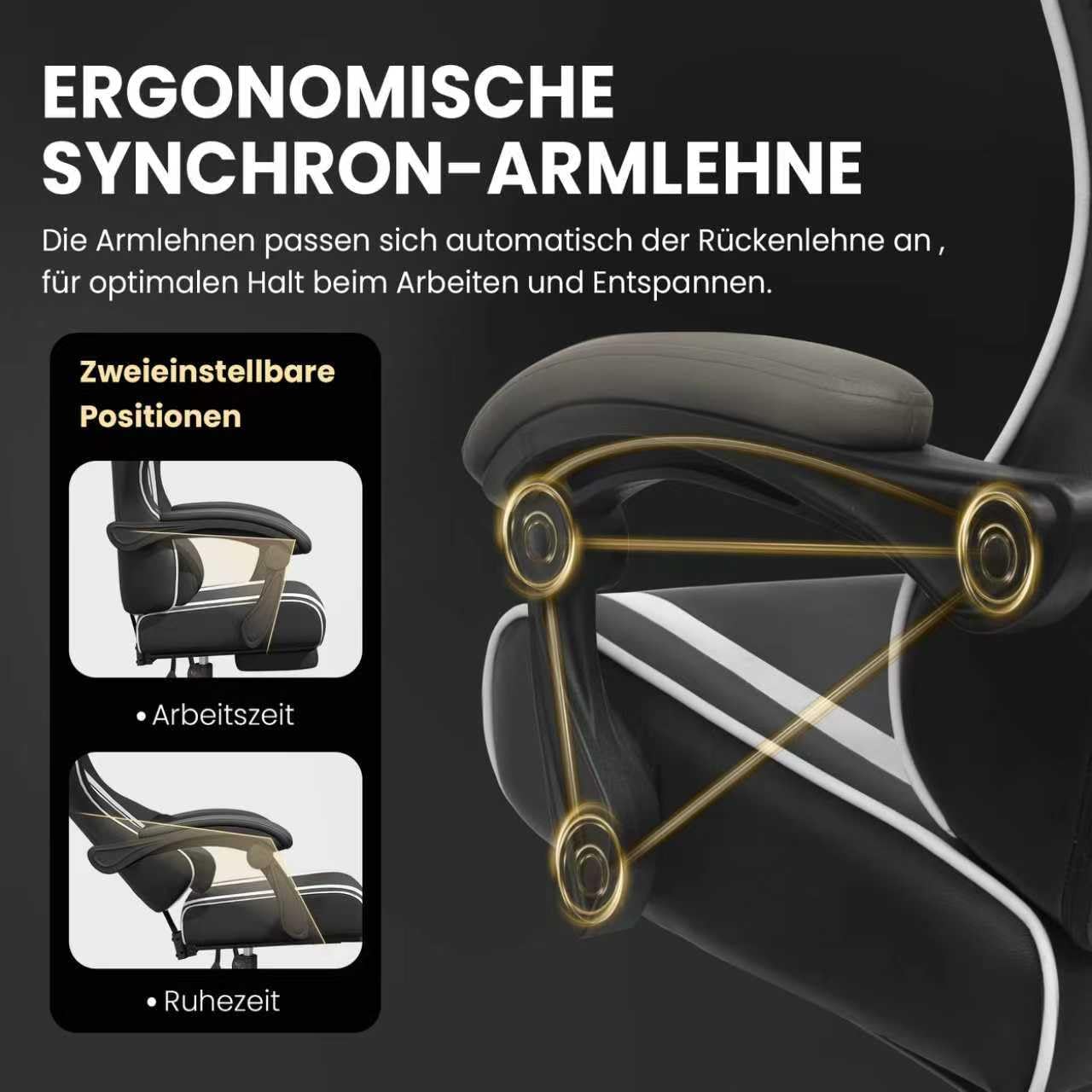 Gaming Stuhl – Ergonomischer Gamer Sessel mit Fußstütze, Kopfstütze und Lordosenstütze, höhenverstellbar, gepolstert, Tragkraft 150 kg, Schwarz
