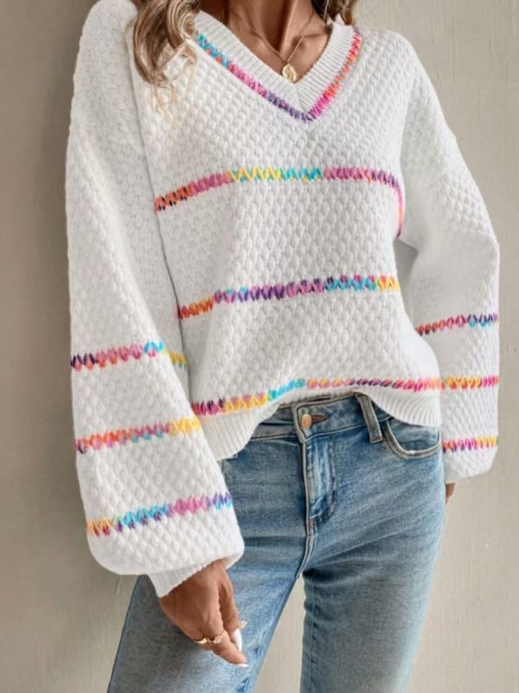 Women's Striped Fall Long Sleeve Sweaters Oversized Knit V Neck Pullovers Drop Shoulder Tops 2025 Trendy Outfits2