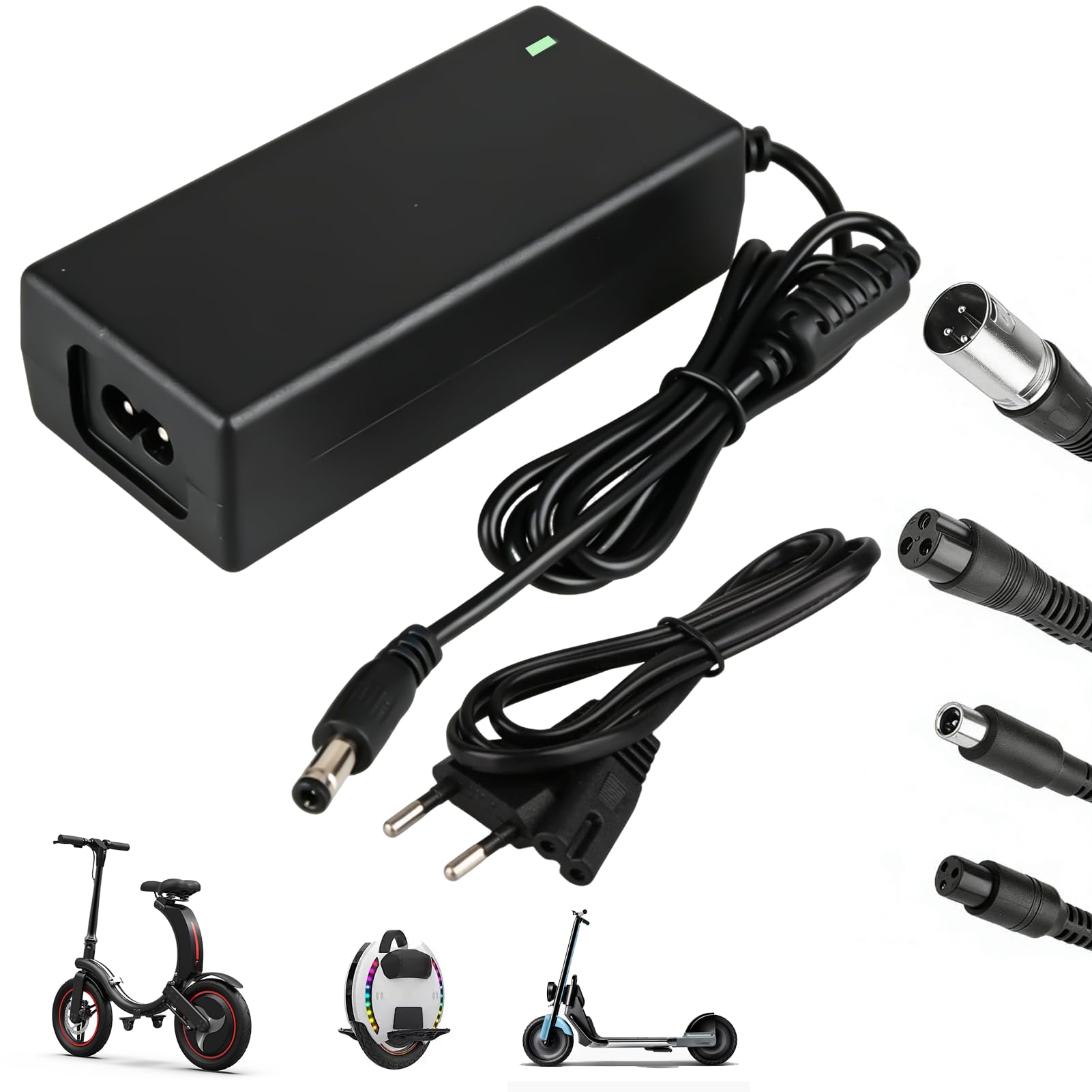 Cargador de patinete eléctrico 42 V 2 A universal para baterÃa de litio de 36 V con 4 conectores de alimentación rápida y segura para Xiaomi M365/Pro 2 Hoverboard Bicicleta eléctrica y Scooter Negro
