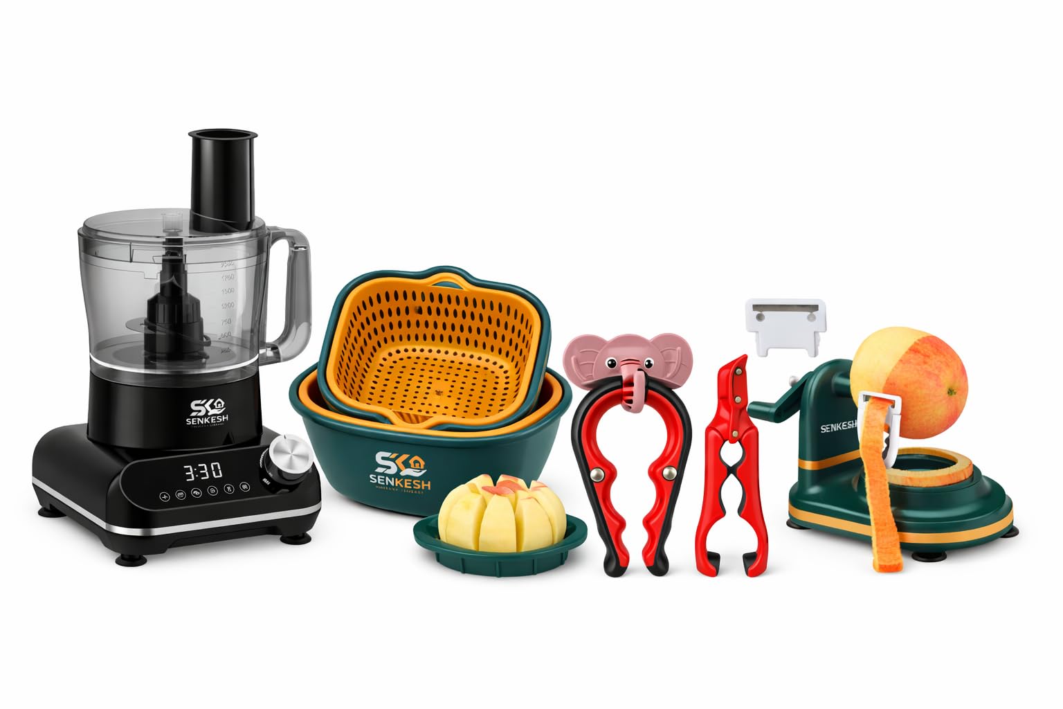 5‑in‑1 Kitchen Essentials Bundle | Electronic Food Processor, Manual Apple Cutter Machine, Hot Vessel Gripper, 6‑Piece Plastic Strainer Set, Bottle Cap Opener-image-32