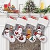 CARAKNOTS Grey Christmas Stockings Set of 4 Burlap Christmas Stockings with Embroidery Applique Santa Snowman Elk Penguin Faux Fur Large Xmas for Kids Family Baby Fireplace