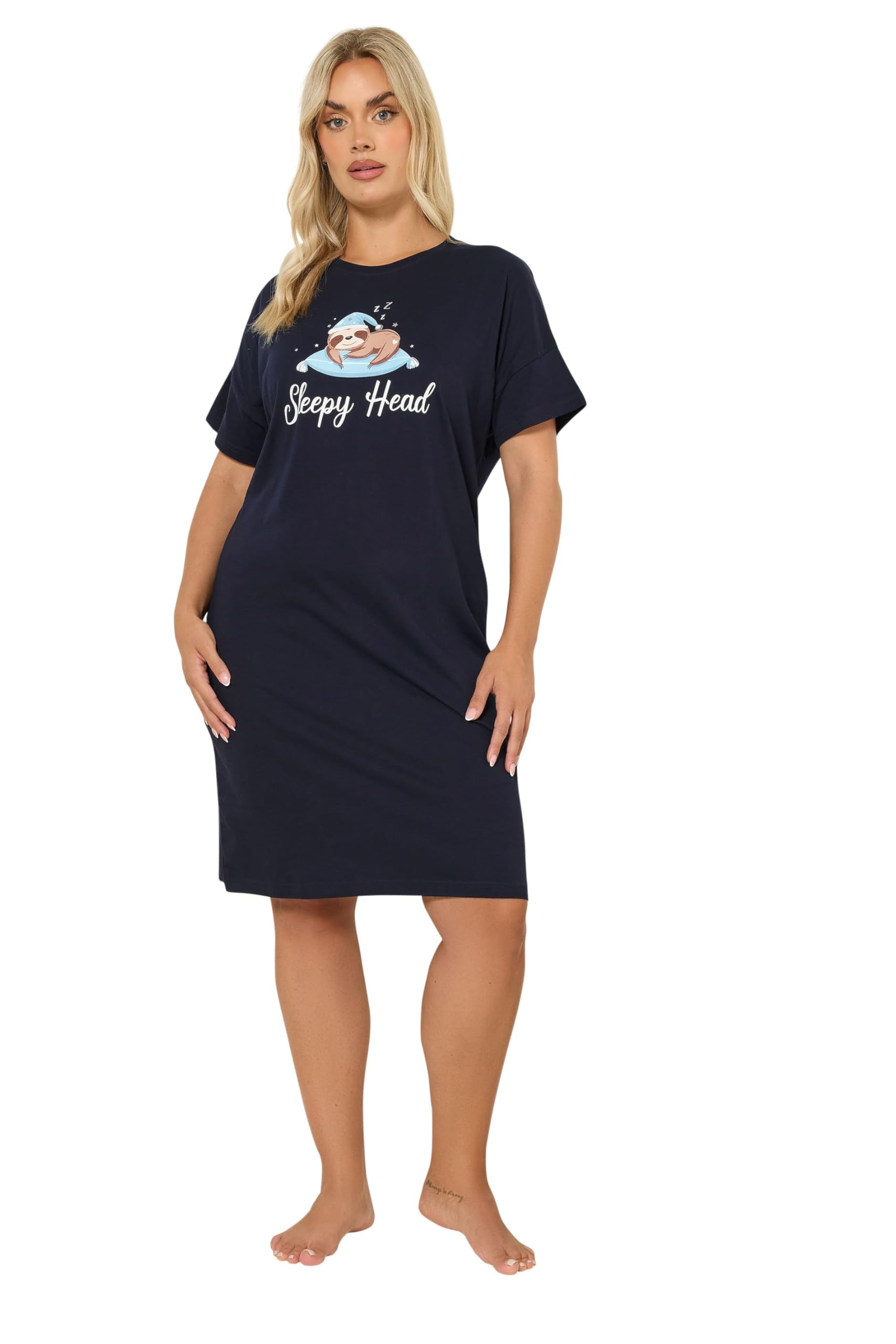 Yours Curve Blue 'Sleepy Head' Sloth Sleep Tee Nightdress - Women's - Plus Size Curve