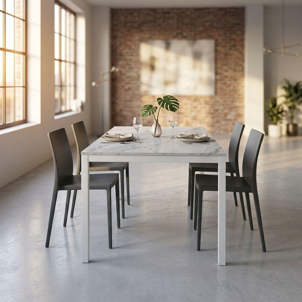 milani home - tavolo da pranzo allungabile 140-200 x 80 x 77 cm, effetto marmo, legno e metallo