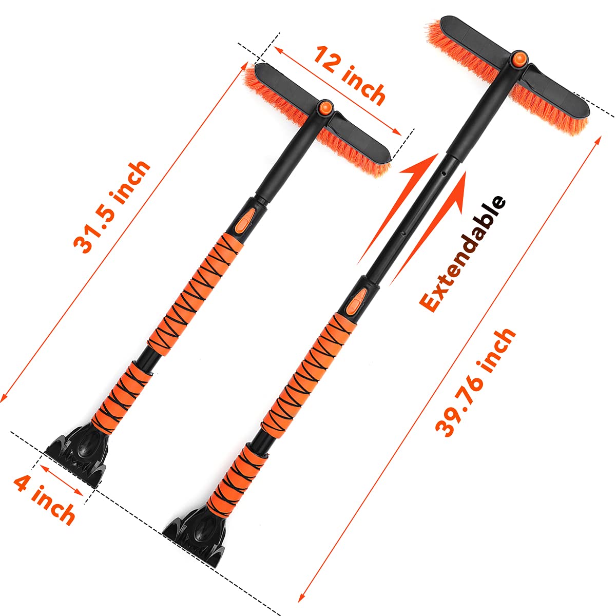 MATCEE Raspador de hielo y cepillo de nieve con poste extensible para parabrisas de coche y agarre de espuma desmontable 2 en 1 para quitar nieve para coche, SUV, camión, parabrisas auto