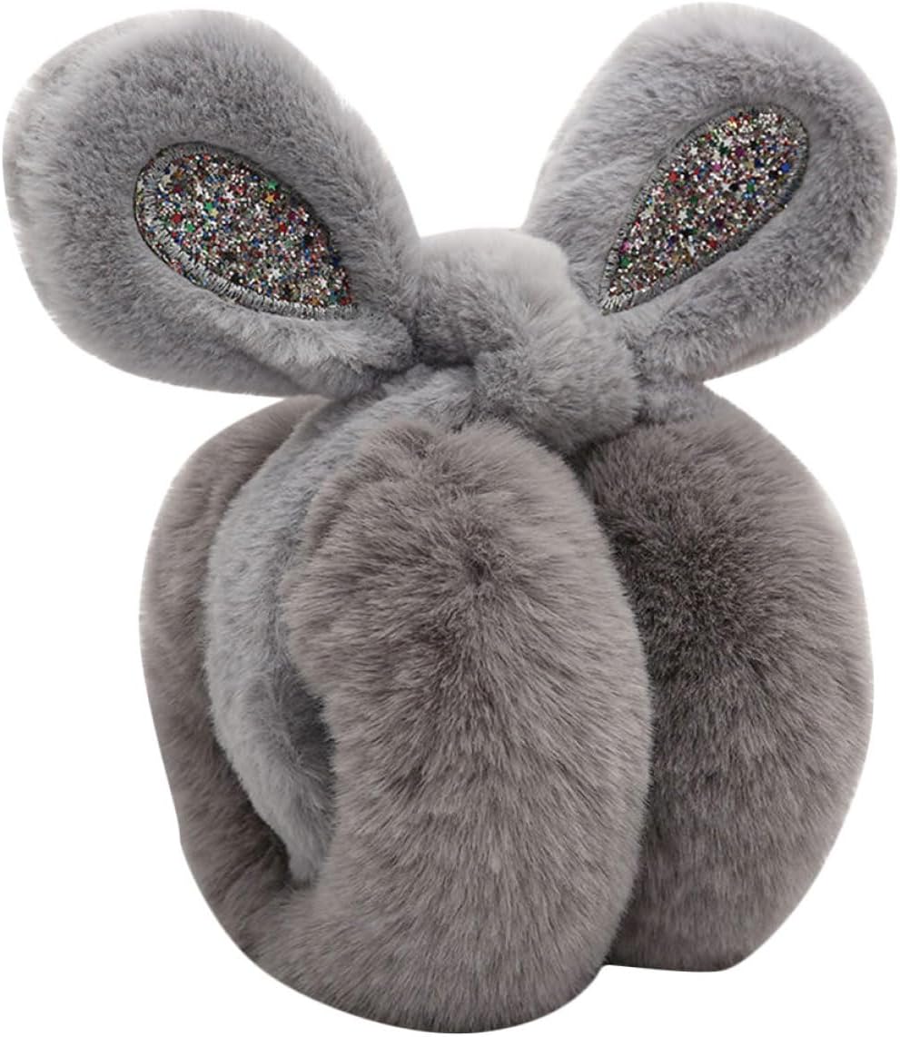 Mikikit Sequin Gray Animal Ear Earmuffs Winter Ear Covers Windproof Thick Plush Cold Weather Accessories