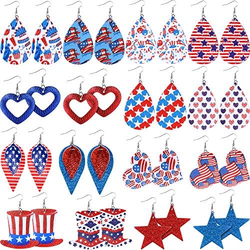 16 Pairs Independence Day American Flags Patriotic Faux Leather Earrings Dangle Petal Lightweight 4th of July Teardrop Leaf Drop Earrings for Women Girl Gifts
