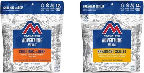 Mountain House Chili Mac con carne de res, alimentos liofilizados para mochileros y campamentos, 2 porciones + sartén de desayuno Mountain House