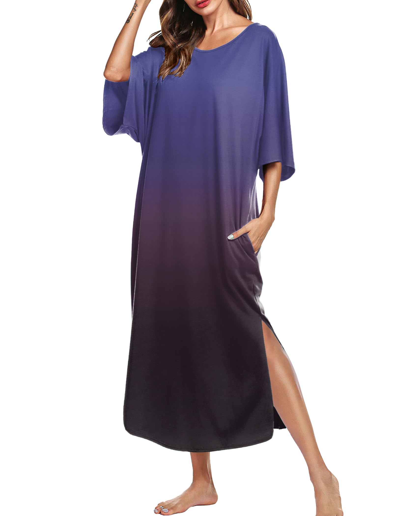 Ekouaer Long Nightgowns for Women Short Sleeve Night Gowns with Pockets | Casual Maxi Lounge Dress, Round Neck Sleep Dress, Plus Size House Dress, Side Split Sleepshirts for Lounging, Home, Party