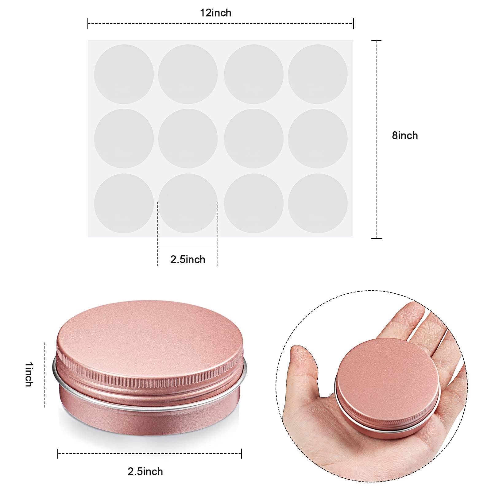 Patelai 120 barattoli rotondi in metallo da 56,7 g, contenitori in alluminio con coperchio a vite, 20 fogli adesivi per salve spezie, caramelle, balsami e candele (oro rosa)