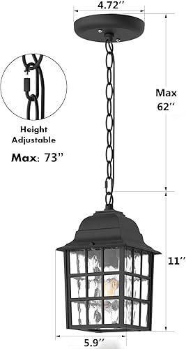 Miniatura 6 de Paquete de 2 lámparas colgantes para exteriores, farol colgante de techo exterior con vidrio de agua, 1 lámpara colgante al aire libre, luz negra