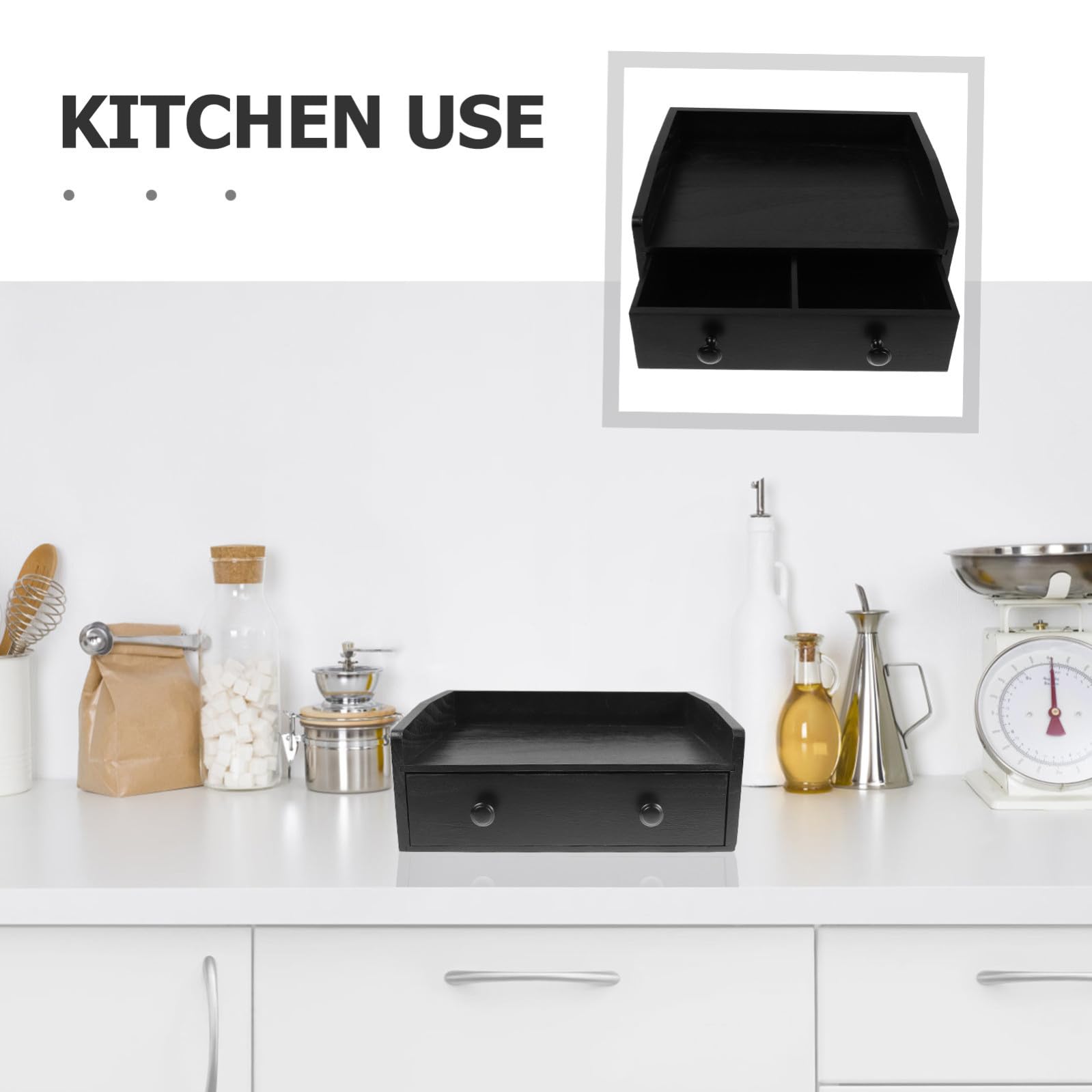 CANIGHT Scatola Portaoggetti in Legno Nero con Cassetto, Organizer per Capsule di Caffè e Tè, Grande Capacità e Robusta, per Cucina e Arredamento Casa Minimalista