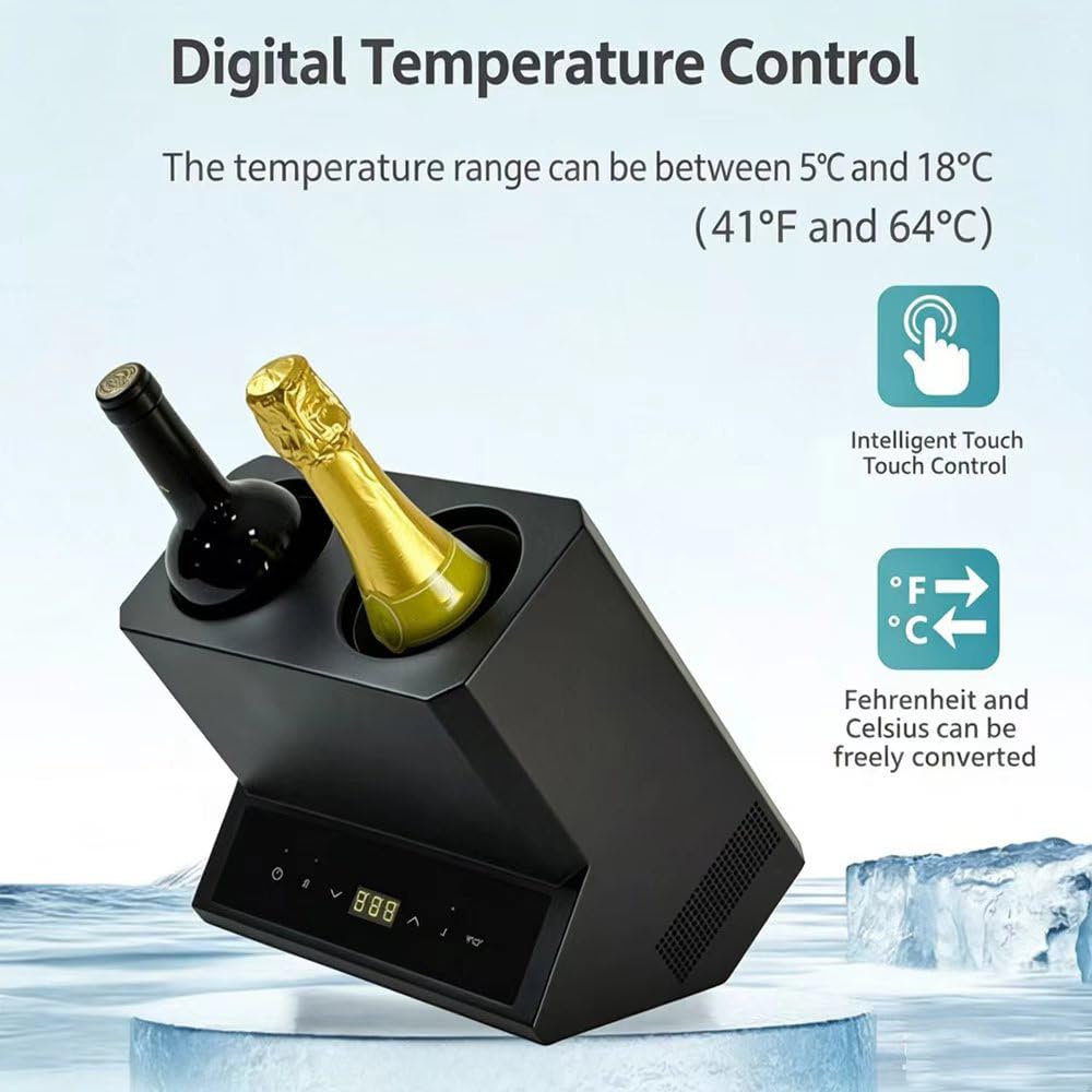 Enfriador De Vino EléCtrico para Dos Botellas, con Control Digital De Temperatura (5-18 °C) Y RefrigeracióN Continua De 24 Horas; PortáTil, Ideal para Cocina, Coche O Autocaravana
