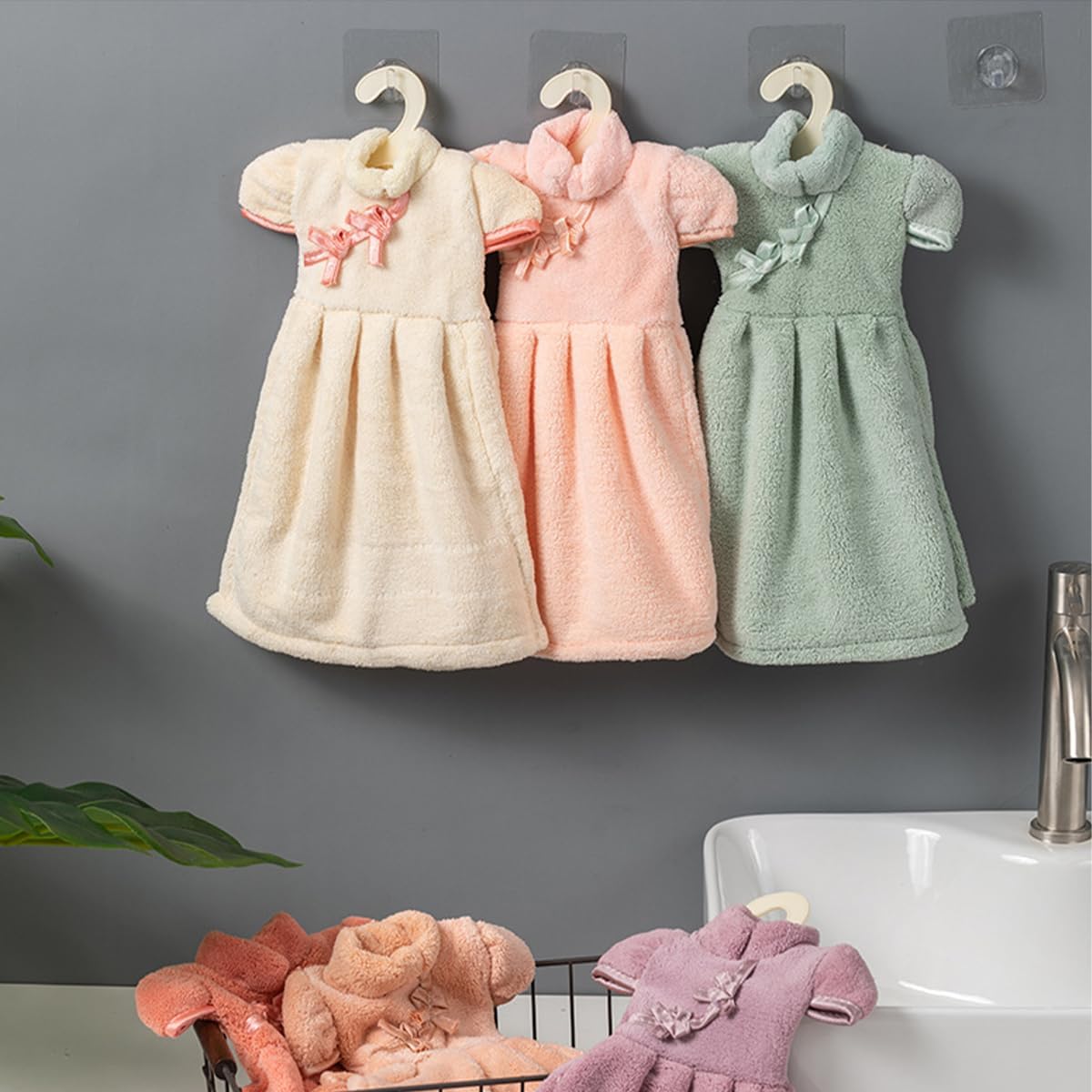 Premium Microfiber Hand Towel Set of 6, Ultra-Soft High Absorbent, Hanging Dress-Shaped for Bathroom Post-Wash, Kitchen Cooking/Dishes Cleanup, Laundry Room & Kids’ Room Family Daily Use