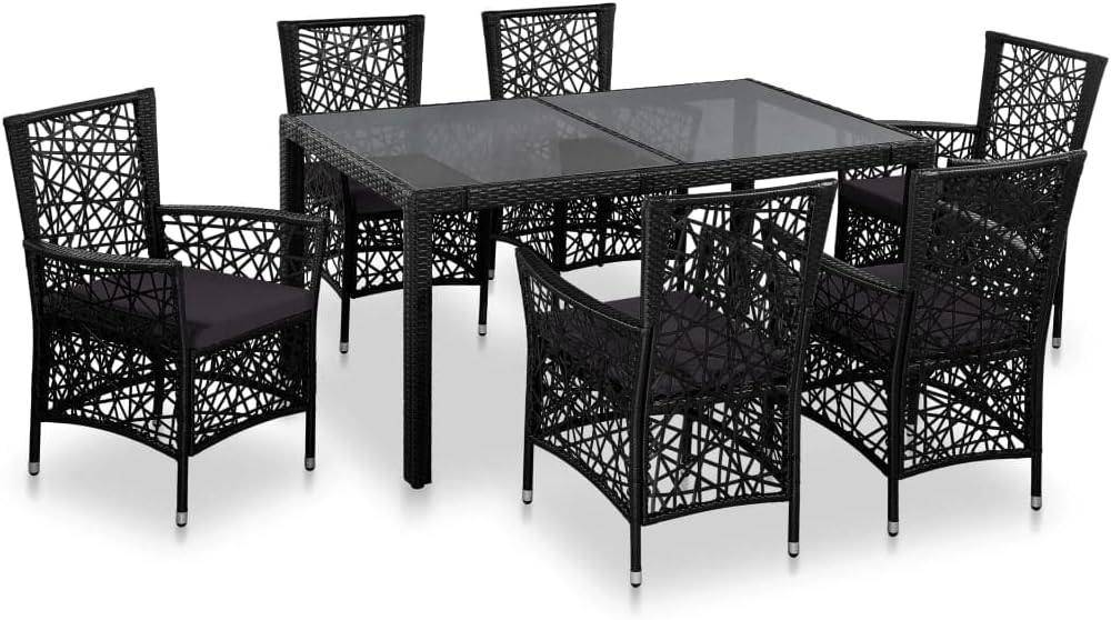 7 Piece Patio Dining Set,Backyard Decor,Party Furniture,Casual Table Chairs,Afternoon Tea Suit,Conversation Furniture,Perfect for Outdoor Garden, Lawn, and Backyard, Poly Rattan Black