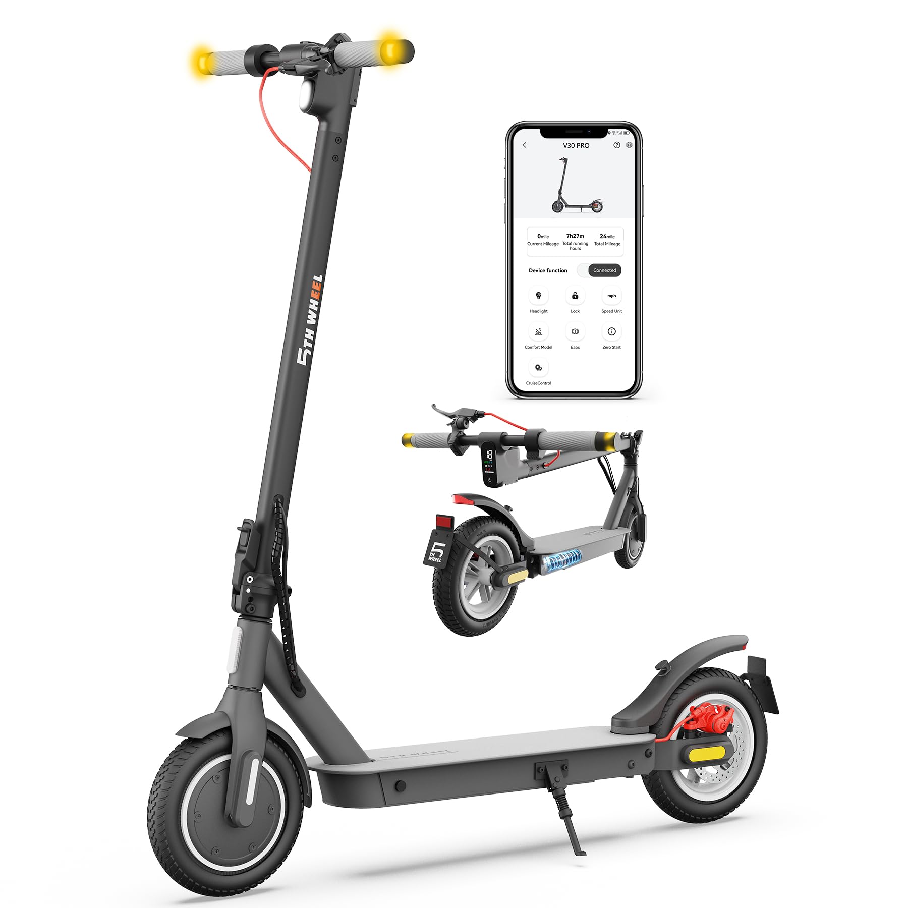 5TH WHEEL V30PRO Electric Scooter, 10" Solid Tires, 350W Motor & 18 MPH, 19.9 Miles Range E-Scooter with E-Lock, Dual Brakes and Suspension, Foldable Adults Commuter Scooter with Turn Signals and APP