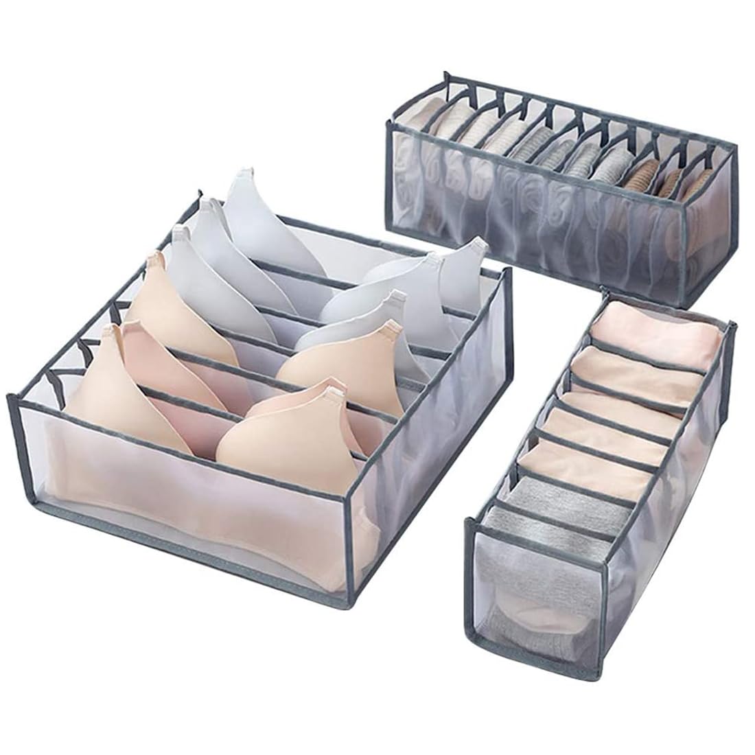 Simoda Underwear Drawer Organiser,3pcs Foldable storage organiser with 6/7/11 compartments,Nylon drawer organiser box for storing underwear,bras,panties,socks,ties,etc.