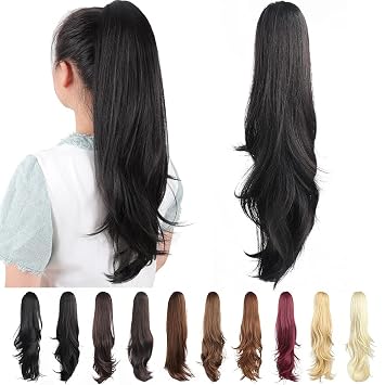 Ponytail Extension,22" Black Claw Clip Hair Extensions for Women Straight Hair Piece Synthetic Wavy Pony Tail Halloween Fluffy Daily Use