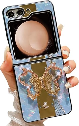 AmazFCCY Funda con función atril para Galaxy Z Flip5, bonita mariposa 3D de lujo, diamantes de imitación brillantes con soporte, elegante funda