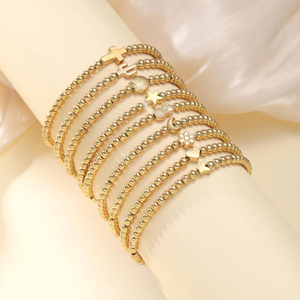 Layered Gold Cross Heart Beaded Bracelet Set for Women Stackable Star Moon Beads Bracelets Adjustable Flower Shell Bracelets Jewelry Accessories - Image 4