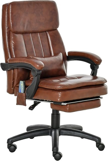 Vinsetto High Back Office Chair, Gaming Recliner Chair with Footrest, 7 Massage Points, Adjustable Height, Reclining Back, PU Leather, Brown