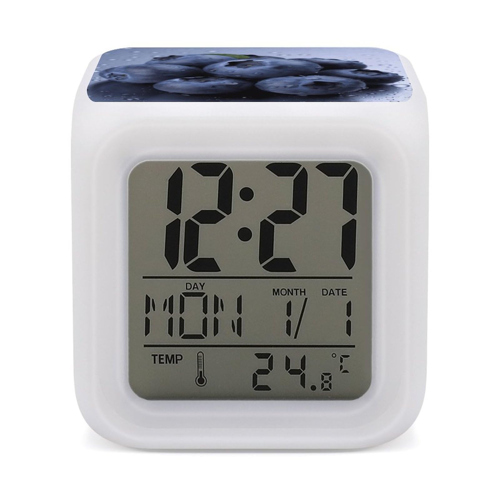 JTREHY 7 Color Changing LED Digital Alarm Clock,Blueberry Printed Wake-up Clock with Temperature Display Home Decoration Alarm Clock for Bedroom Office