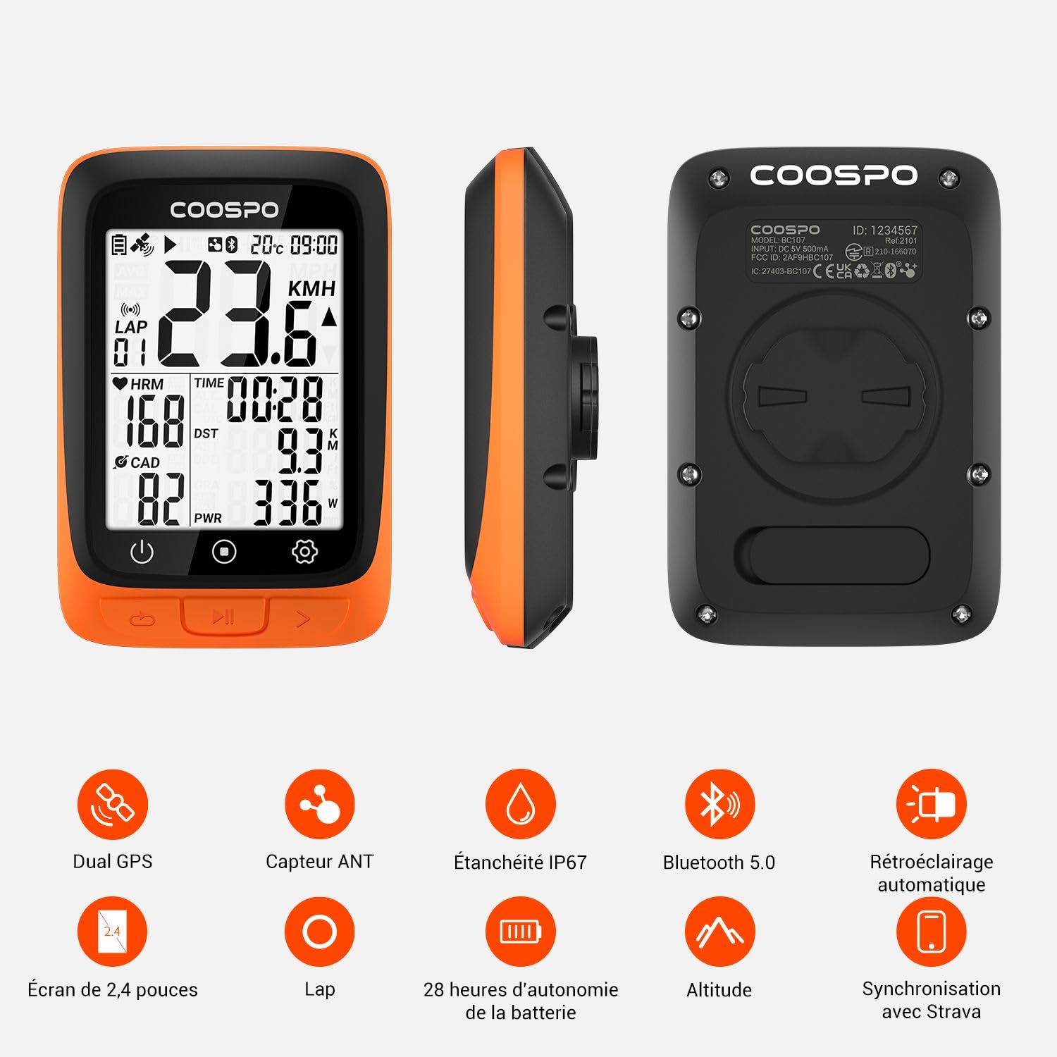 COOSPO BC107 Compteur Velo sans Fil Bluetooth 5.0 Ant+ Compteur Vitesse Velo Odomètre, Écran LCD rétroéclairé de 2.4 Pouces Compatible avec Capteurs Ant, Velo Route et VTT