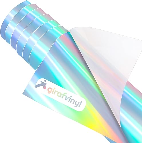 GIRAFVINYL Vinilo holográfico de transferencia de calor de color plateado arcoíris de 12 x 6 pies, vinilo HTV para planchar, para camisetas,