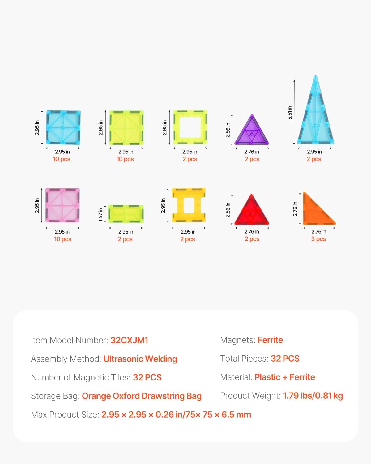 VEVOR Magnetic Tiles, 32 PCS Magnetic Building Blocks for Kids, Magnet Building Set with Storage Bag, STEM Sensory Educational Construction Stacking Toys Gift for Toddlers Boys and Girls 3+ Year Old