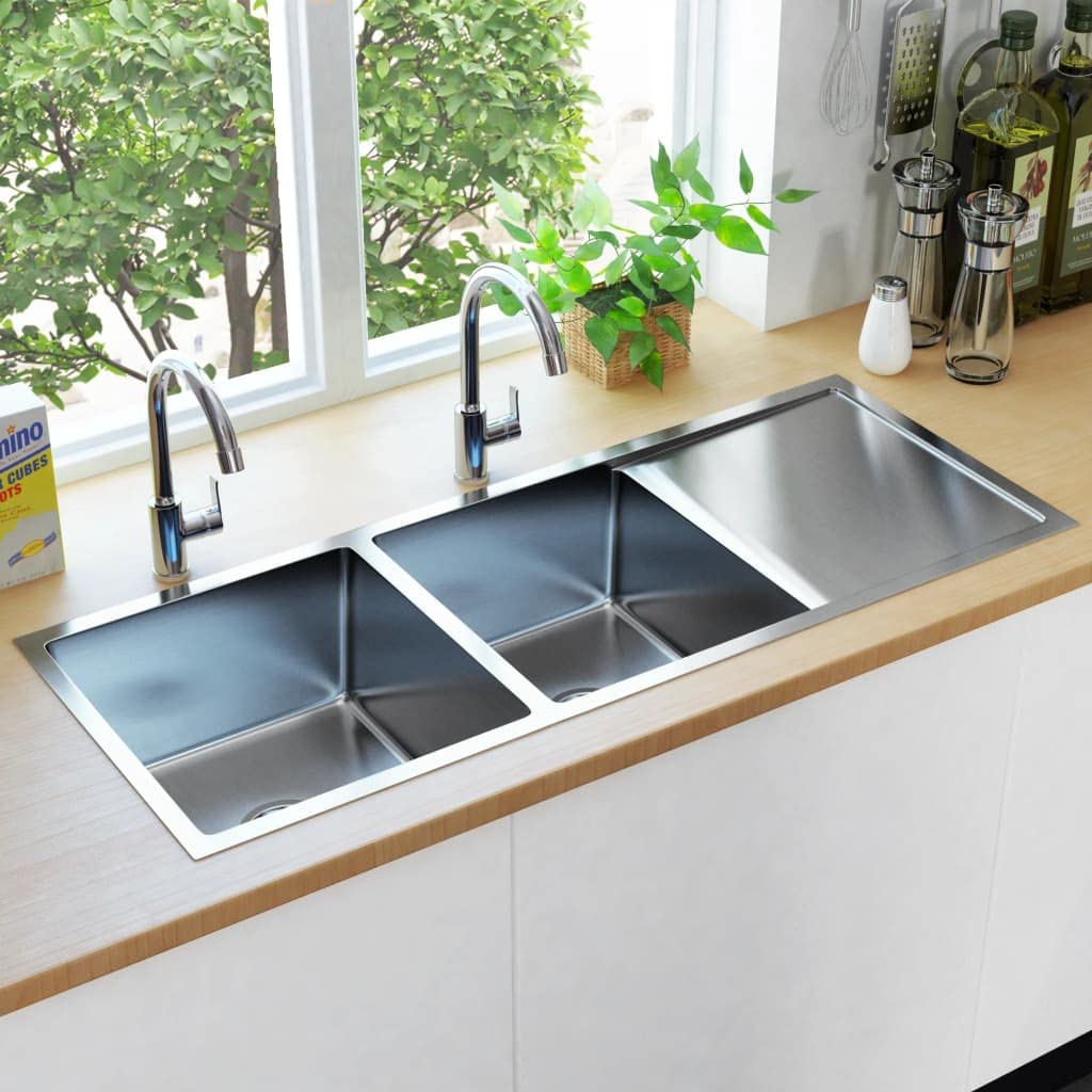 vidaXL Fregadero Cocina Hecho a Mano con Colador Doble Seno Grado Alimentario Diseño de 2 Seno Extraprofundo Flujo Rápido Acero Inoxidable