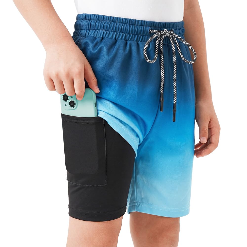 OSDUE Badehose Jungen, Badeshorts Kinder mit Taschen Schnelltrocknend Kurz Schwimmhose 2 in 1 Boardshorts mit Kompression Innenhose Elastischer Bund Verstellbare Tunnelzug Badehosen für 7-14 Jahre
