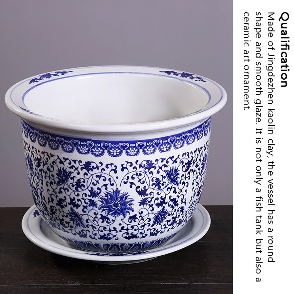 Niebiesko-Biała Porcelanowa Doniczka W Stylu Chinoiserie, Doniczka Ogrodowa Z Otworem Drenażowym Do Roślin Ogrodowych W Pomieszczeniach I Na Zewnątrz