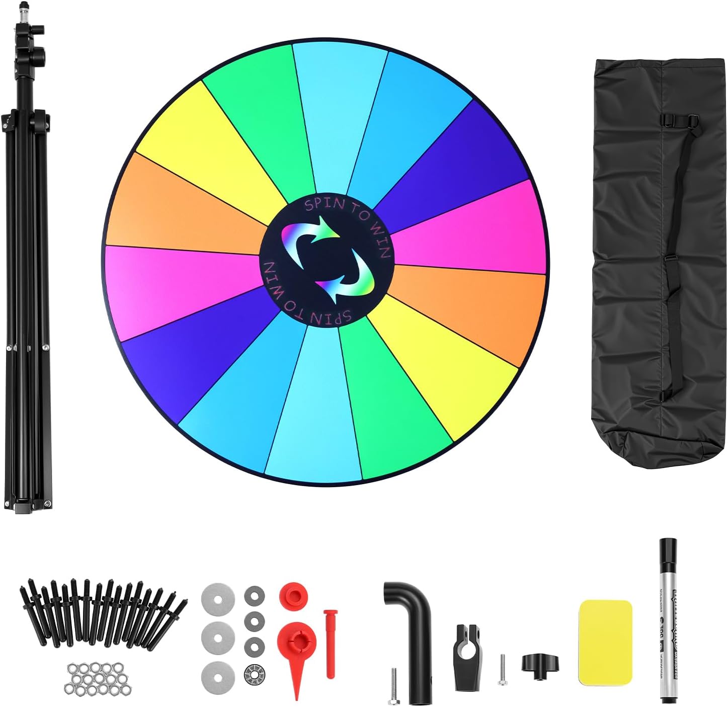 QWORK 24" Prize Wheel with Adjustable Folding Tripod Floor Stand 35"- 76", 14 Slot Tabletop Color Spinning Wheel, Wheel Spinner Game
