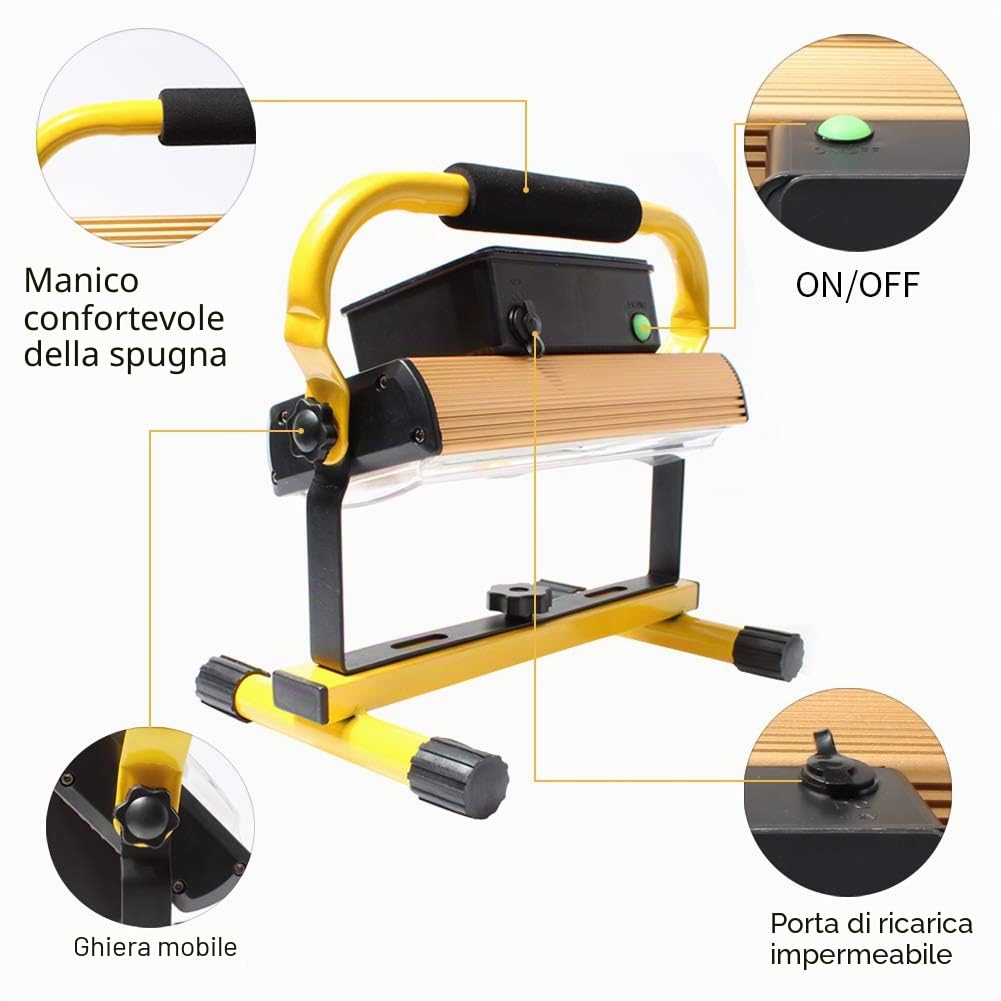 AF-WAN - Proiettore portatile ricaricabile, 100 W, luce LED da lavoro 7000 lm, luci di inondazione regolabili con caricatore USB per auto per IP65, impermeabile, campeggio, viaggi, pesca