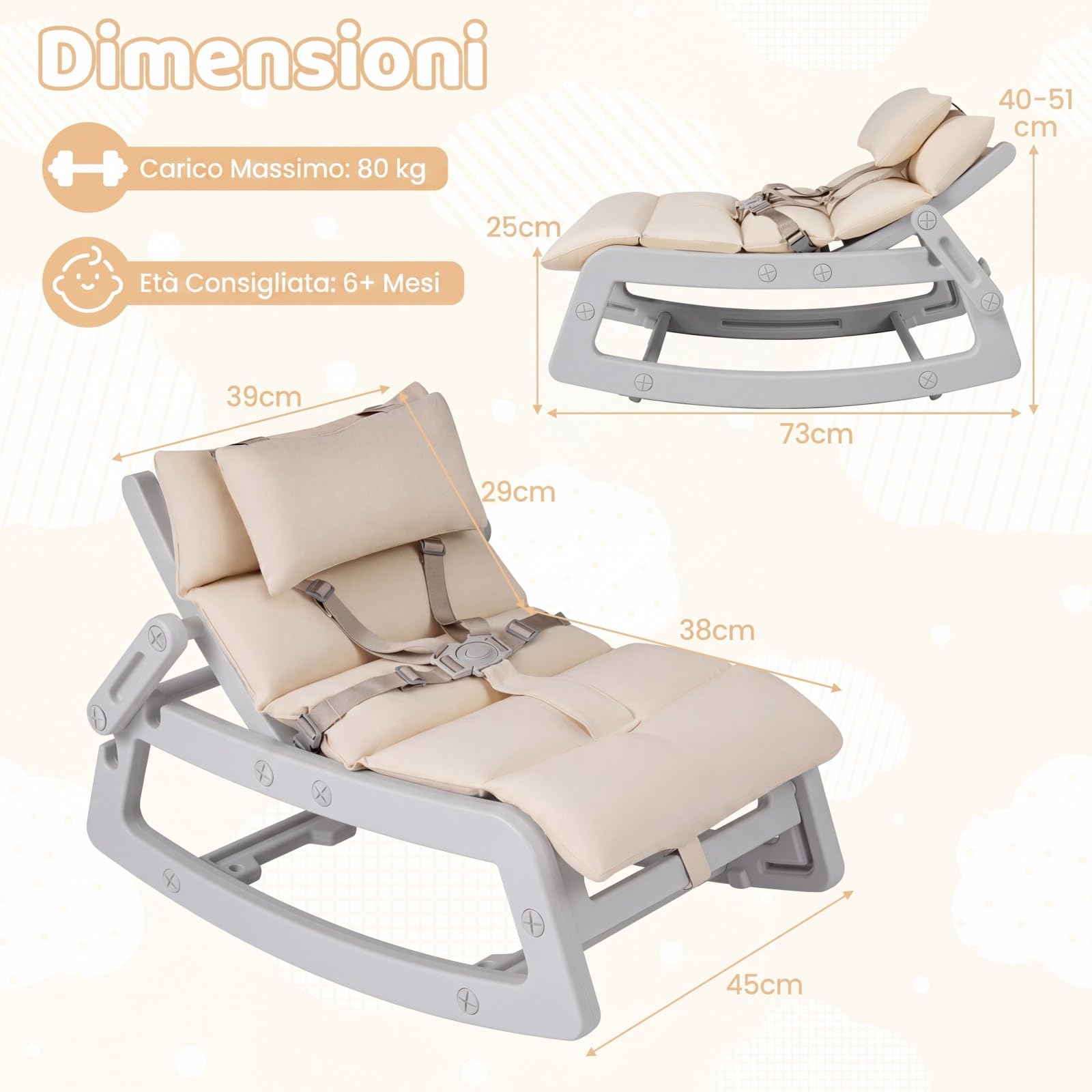 COSTWAY Sedia a Dondolo per Bambini, Sdraietta a Dondolo Imbottita con Schienale Regolabile, Cucino Morbido, Poggiatesta Rimovibile e Cintura 5 Punti, Portata 80 kg, per Bambini 6+ Mesi (Grigio)