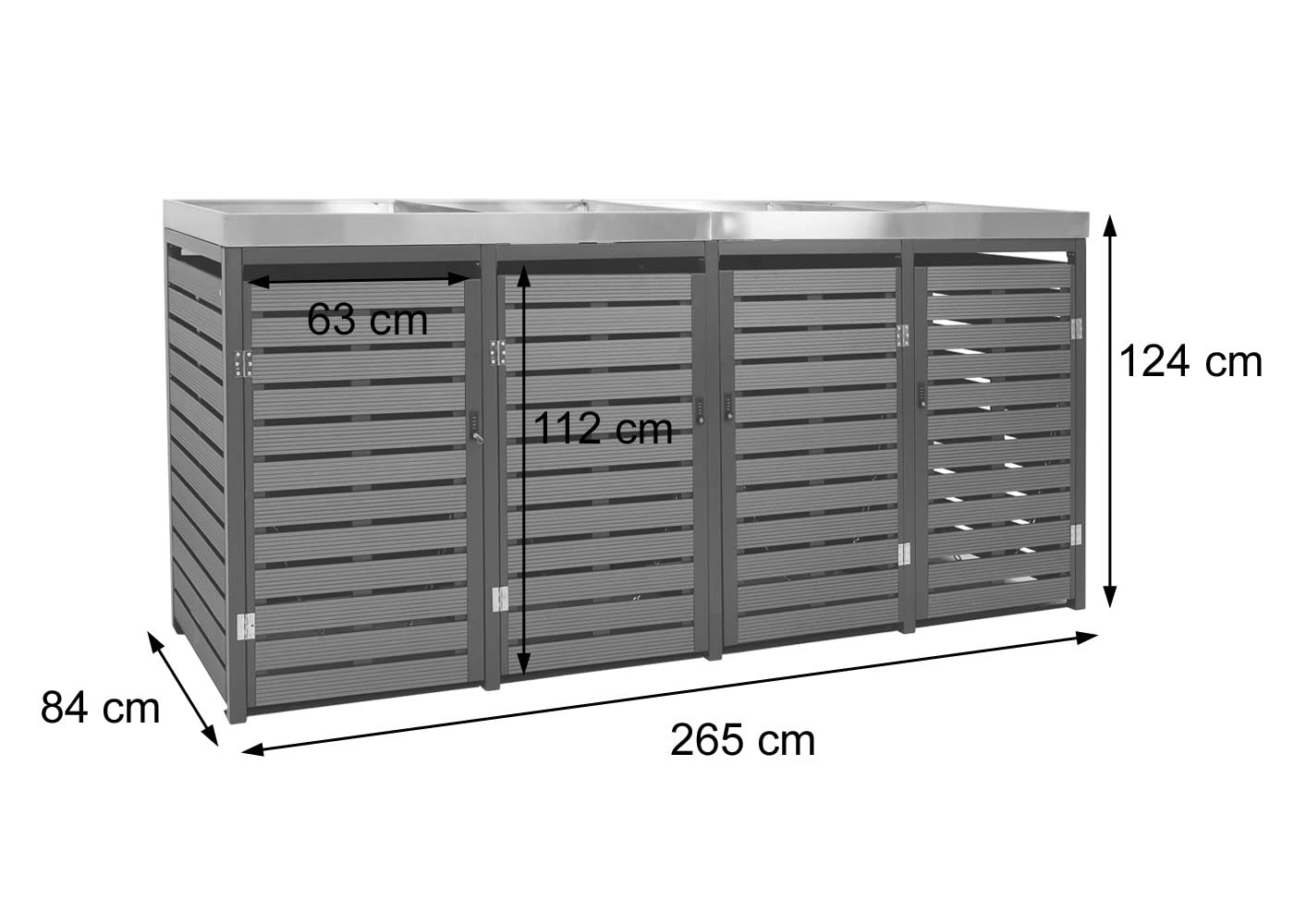 4x copribidoni box spazzatura rifiuti con fioriera HWC-K14 84x265x124cm metallo WPC marrone