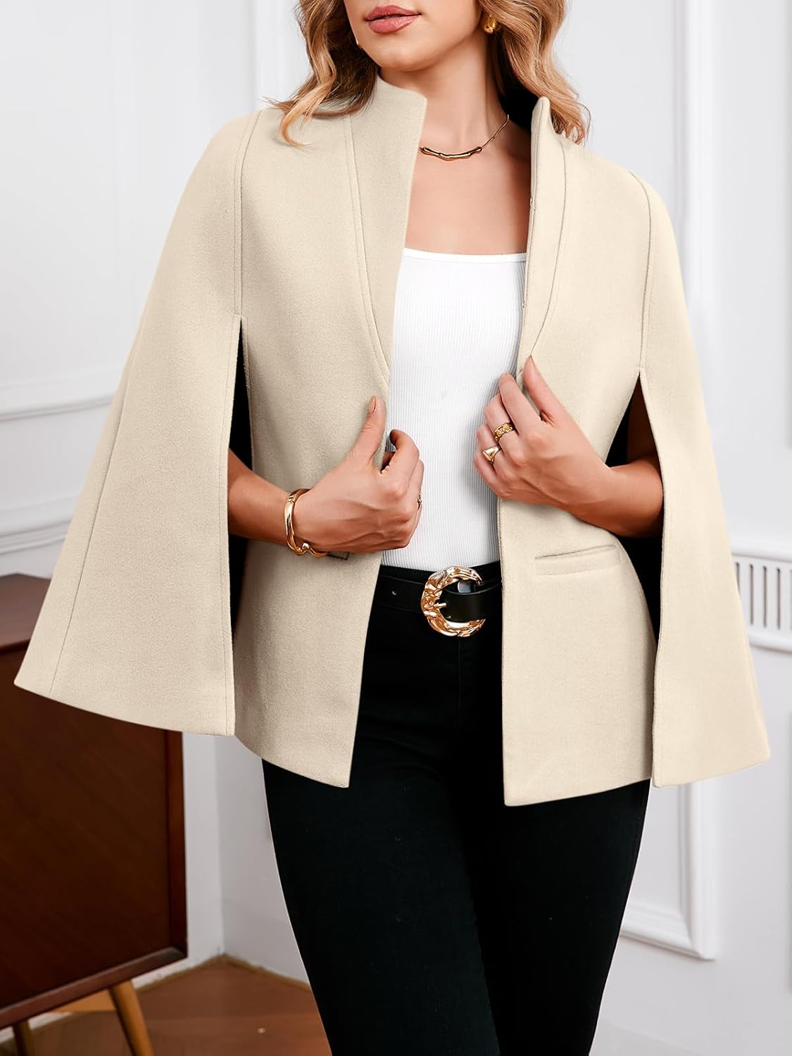 Cicy Bell Womens Cape Pea Coat Work Casual Split Long Sleeve Coat Stand Collar Open Front Fall jacket