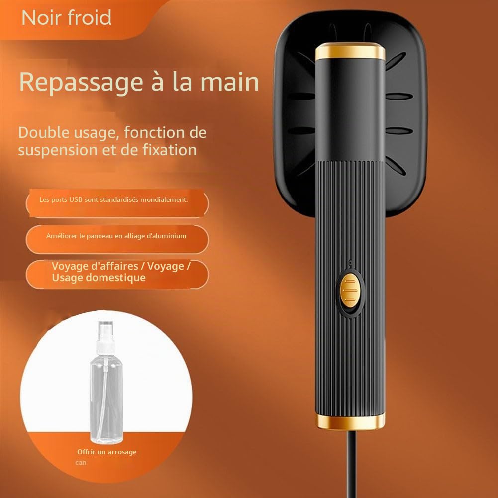 Mini fer à repasser à vapeur portable, avec alimentation USB, compact et portable, rotatif à 180 degrés, pour la maison et les voyages (noir)