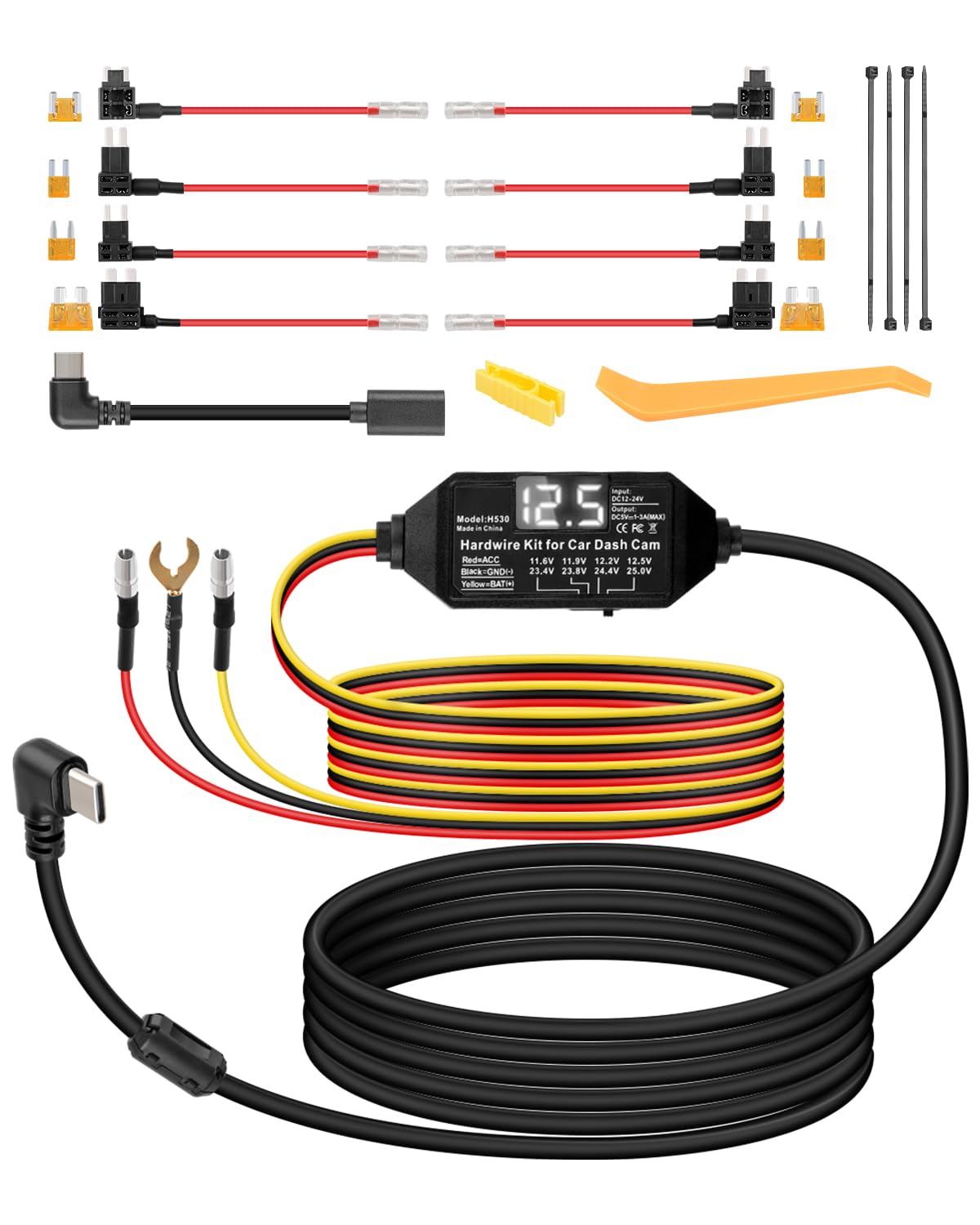 RIIEYOCA USB-C Multi-Size Dash Cam Hardwire Kit mit LED-Bildschirm 3-Lead Acc Hardwire Kit für Dash Cam 12V-24V zu 5V Typ-C Hard Wiring Kit Stromkabel, Unterstützung Acc-Modus （11.4ft/3.5m