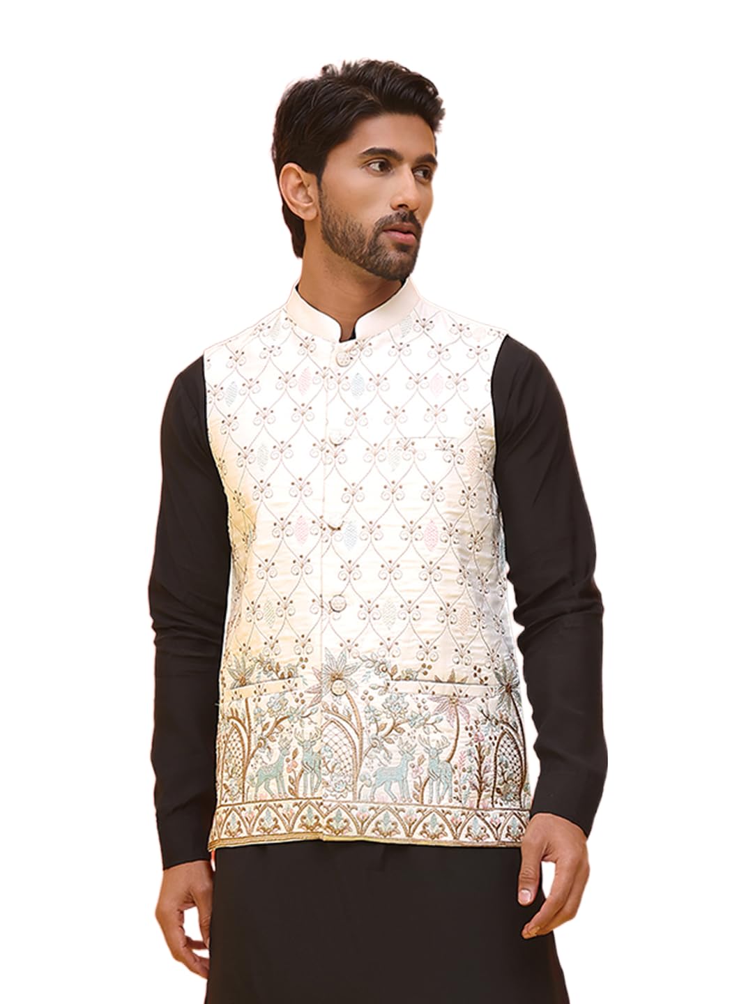 White Embroidered Silk Blend Nehru Jacket for Men