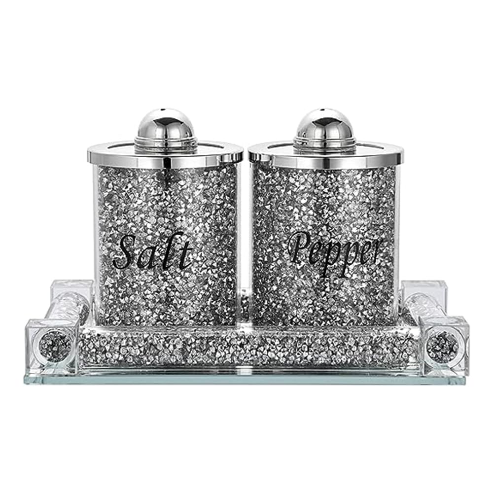 Bmlimited Silver Bml Crystal Crushed Diamond Salt & Pepper Durable Storage Canister Jar With Mirror Tray | Cooking Seasoning Storage Canister For Home Decor, Dining Room, Kitchen Decor