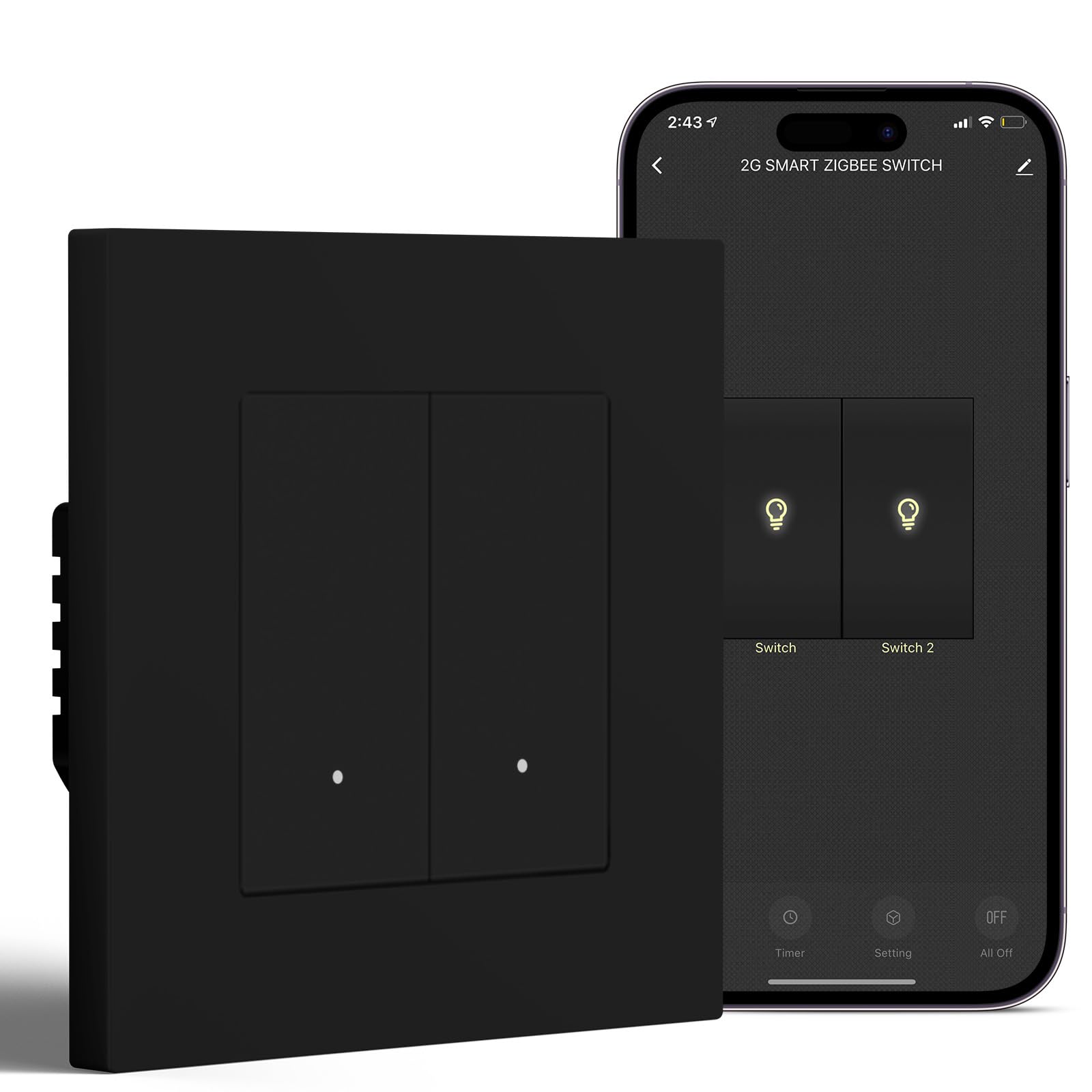 BSEED Smart Interruptor Empotrado 2 Gang 1 Vía Compatible con Alexa/Google Home, WiFi Pulsador de Pared Marco de PC que Funcionan con APP Smart Life/Tuya, Negro(Requiere Cable Neutro)