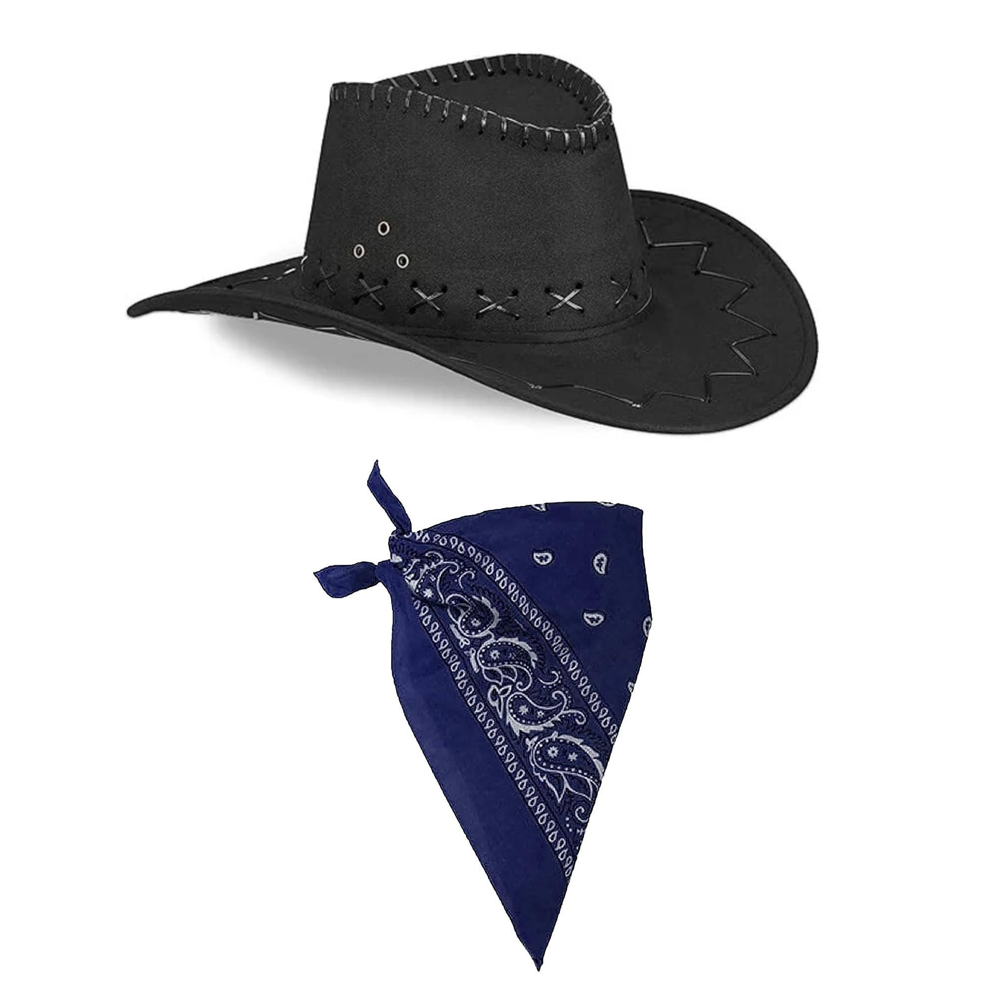 The Fancy Dress Cowboy Hat & Cowboy Neckscarf For Men & Women - Brown Leather Look Cowboy Wild West Western Sheriff Costume Accessory, Black Hat, navy bandana