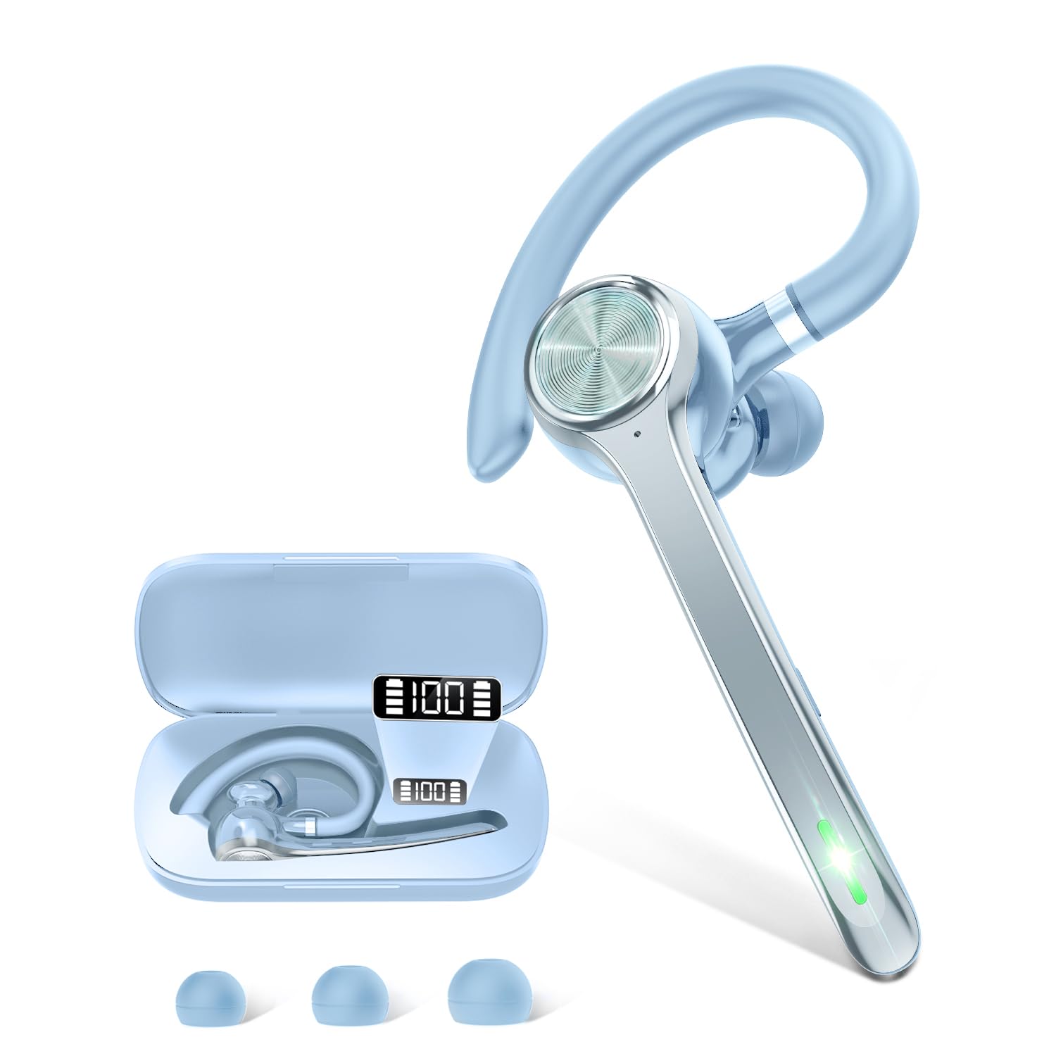 HEIBAS Bluetooth Headset, Wireless Bluetooth Earpiece with 500mAh Charging Case 72 Hours Talking Time Built-in Microphone for iOS Android Cell Phone, V5.1Hand-Free Headphones for Trucker-SkyBlue