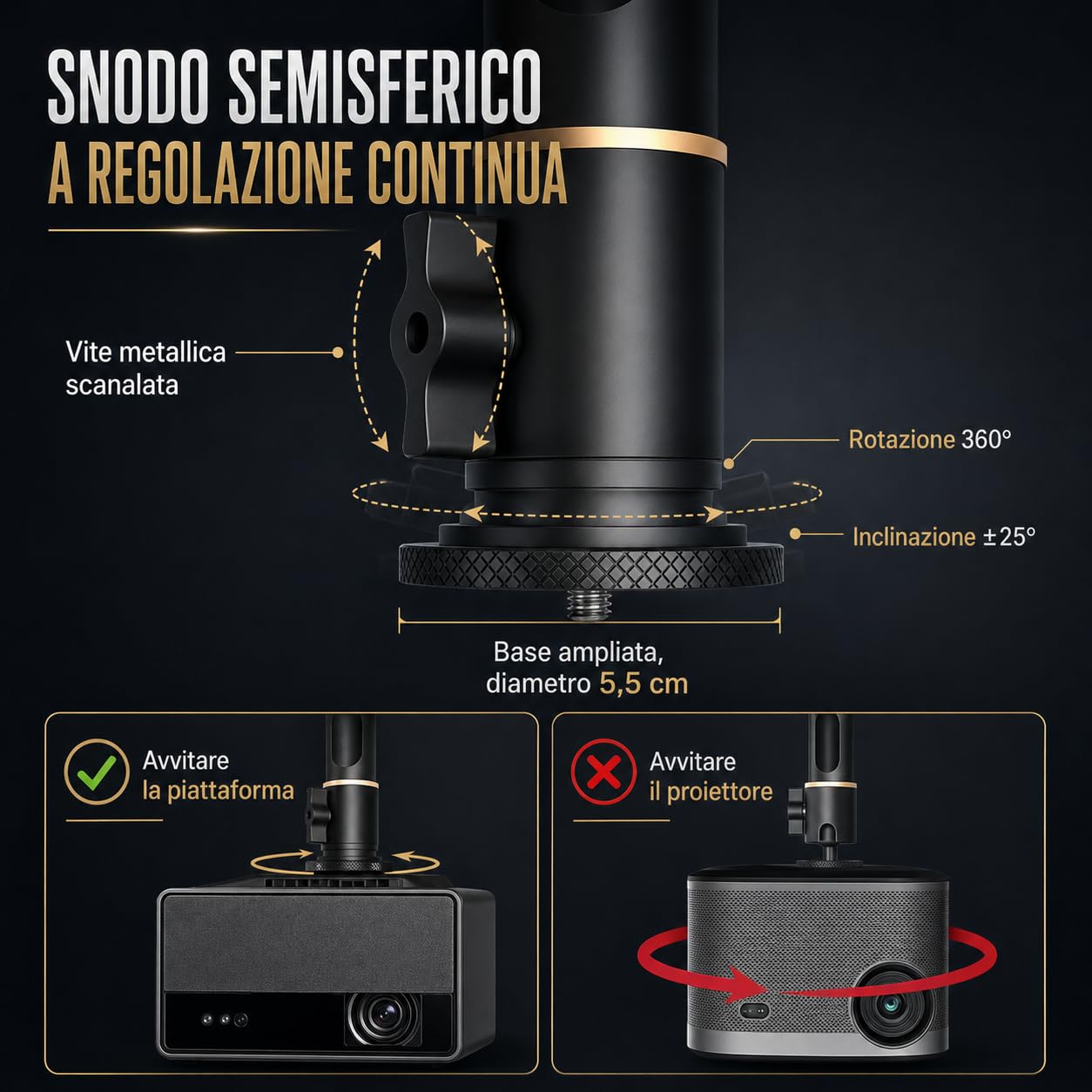 Staffa a Soffitto per Proiettore – Vano Alimentatore Integrato, Portata 10 kg, Lunghezza Regolabile 18-48 cm, Snodo Semisferico 360°, Cavo Nascosto